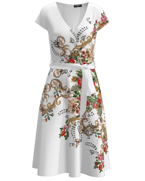 Rochie casual alba de vara cu maneca scurta imprimata cu model floral CMD2618