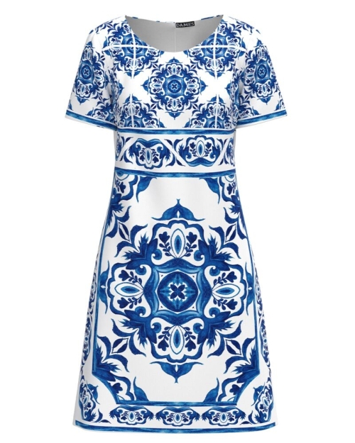 Rochie casual alba imprimata cu model floral Albastru CMD2923