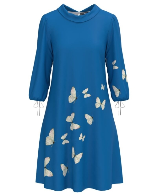 Rochie casual albastra cu maneca trei sferturi imprimata fluturi CMD4139