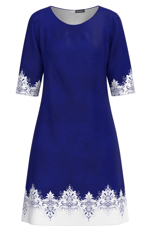 Rochie casual albastru degrade imprimata cu model traditional