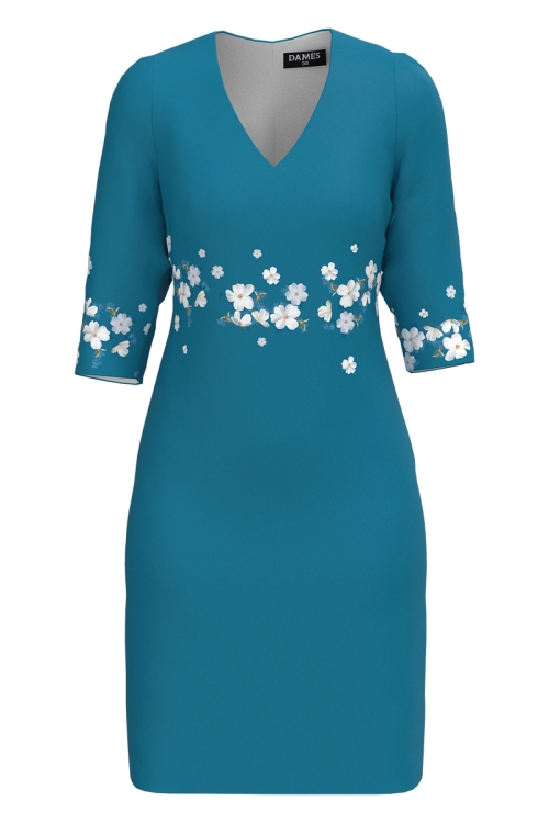 Rochie casual albastru marin cu decolteu in V imprimata floral SS25