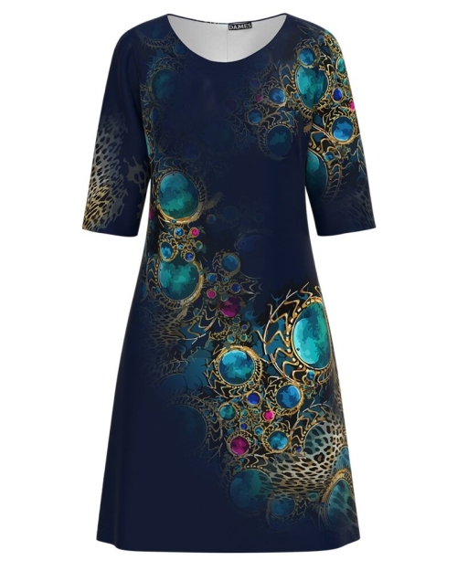 Rochie casual bleumarin imprimata cu accente turcoaz CMD3066