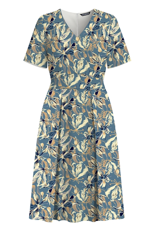 Rochie casual de vara din crepe cu pliuri Crini albastri