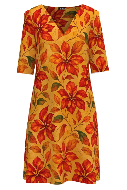 Rochie casual din in cu decolteu in V imprimata floral