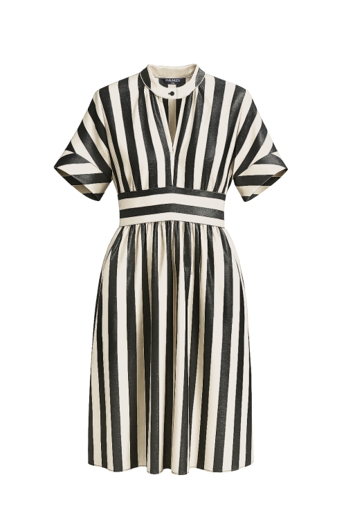 Rochie casual din in cu dungi verticale si guler tunica