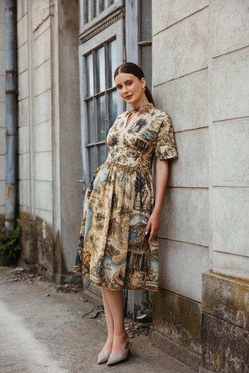 Rochie casual din in cu guler tunica Cartoline Franta - Img 3