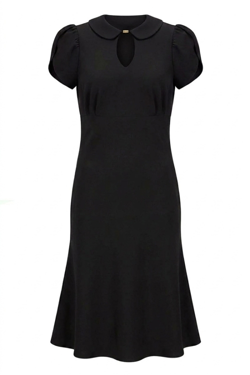 Rochie casual neagra cu decupaj la decolteu si maneca asimetrica