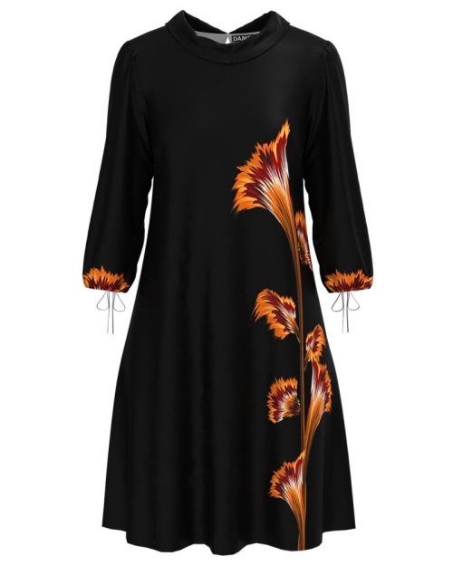 Rochie casual neagra cu maneca trei sferturi imprimata cu model floral CMD4170