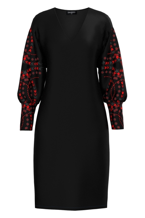 Rochie casual neagra din catifea cu imprimeu floral traditional