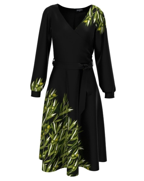 Rochie casual neagra imprimata cu model Ramuri de maslin CMD3406