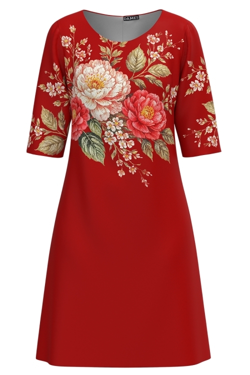Rochie casual rosu corai imprimata floral