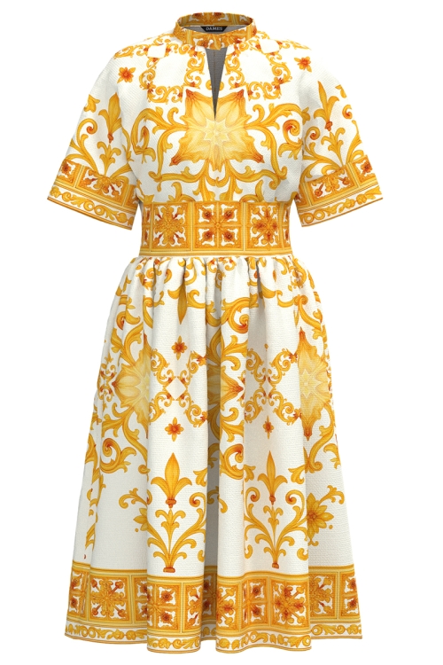 Rochie clos din in cu imprimeu galben cu buzunare