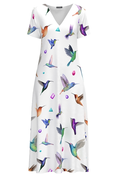 Rochie de vara alba lunga cu buzunare imprimata cu model Colibri CMD2950 - Img 2