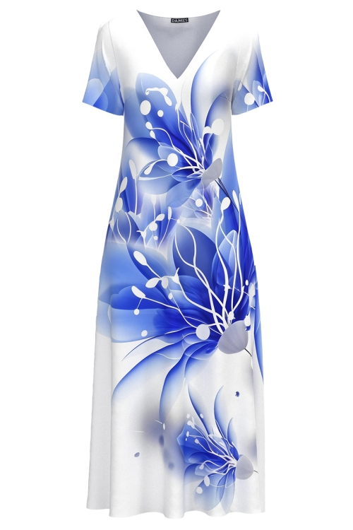 Rochie de vara lunga cu buzunare imprimata floare albastra