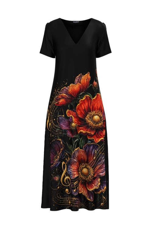 Rochie de vara lunga cu buzunare imprimata simfonia florilor