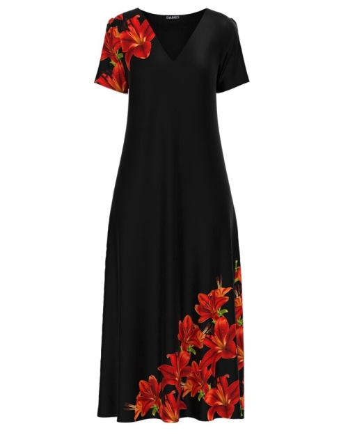 Rochie de vara neagra lunga cu buzunare imprimata cu model Crini CMD2875 - Img 1