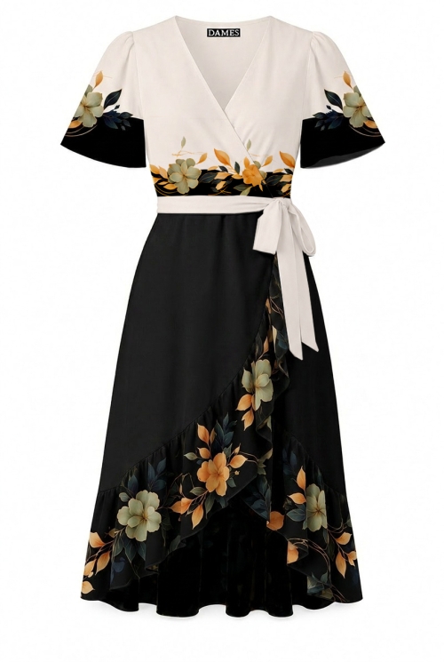 Rochie din crepe parte peste parte imprimata Camelii