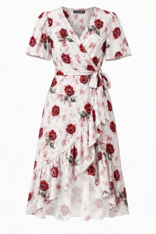 Rochie din crepe parte peste parte imprimata Maci