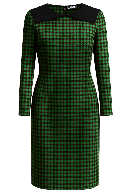 Rochie din stofa verde cu patratele si guler in contrast