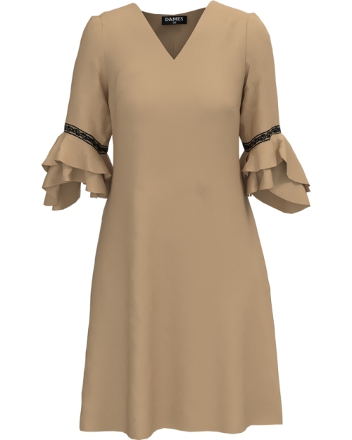Rochie eleganta bej cu maneci trei sferturi cu volane