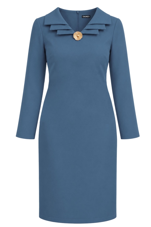 Rochie eleganta bleu cu revere suprapuse si accesoriu decorativ
