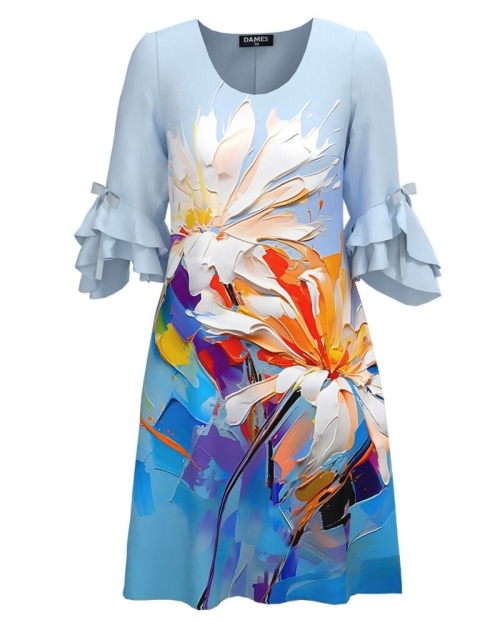 Rochie eleganta bleu cu un imprimeu floral si maneci trei sferturi cu volane
