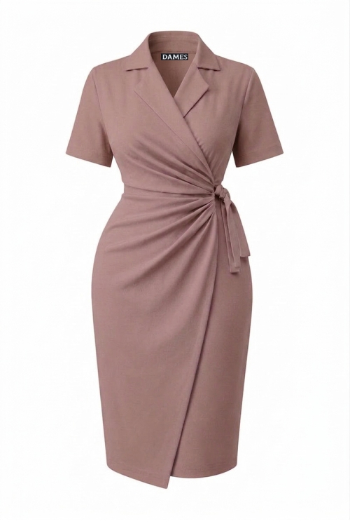 Rochie eleganta cappuccino parte peste parte cu maneca scurta