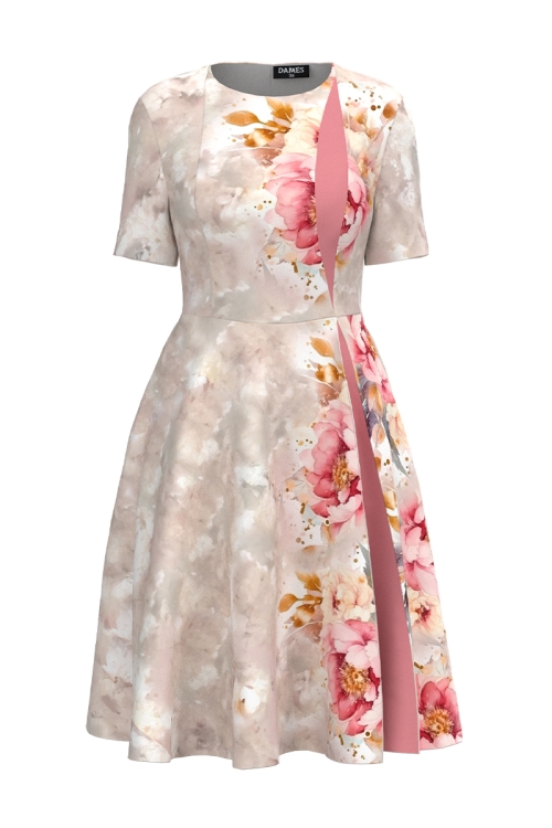 Rochie eleganta cu cu sectiune in contrast imprimata bujori