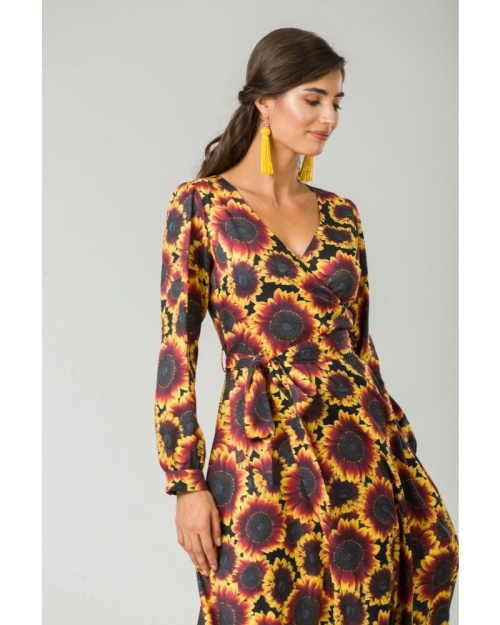 Rochie eleganta cu maneca lunga imprimata Floarea soarelui CMD219 - Img 2