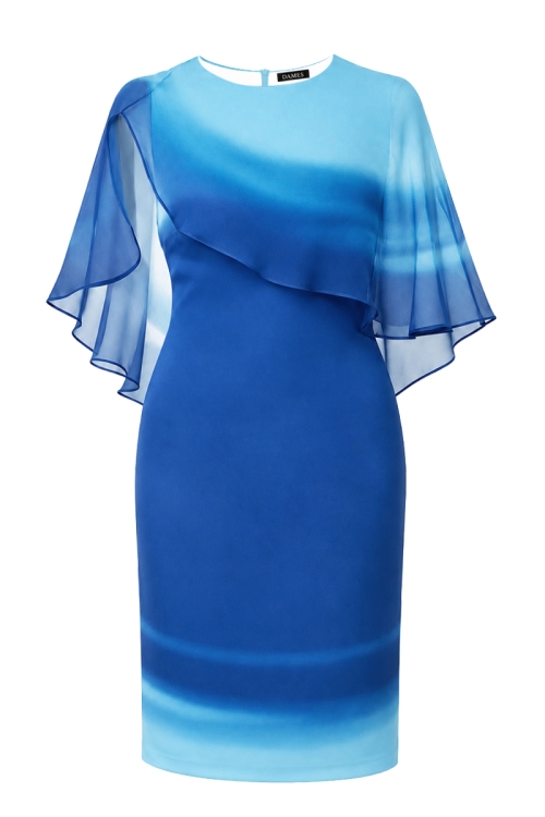 Rochie eleganta cu pelerina din organza imprimata degrade albastru