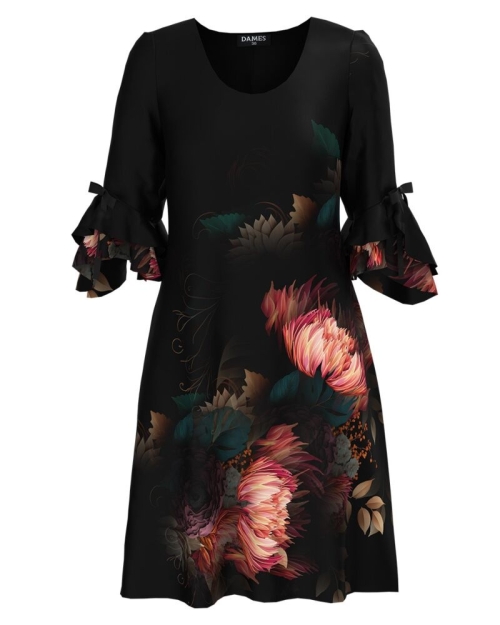 Rochie eleganta neagra cu imprimeu floral si maneci trei sferturi cu volane