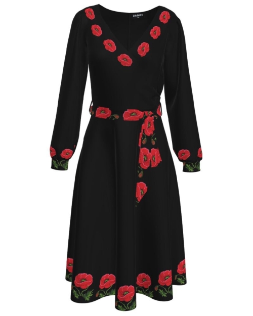 Rochie eleganta neagra cu maneca lunga cu imprimeu Maci CMD2039 - Img 1