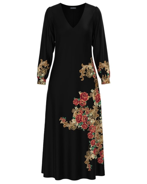 Rochie eleganta neagra cu maneca lunga si imprimeu Floral CMD1342