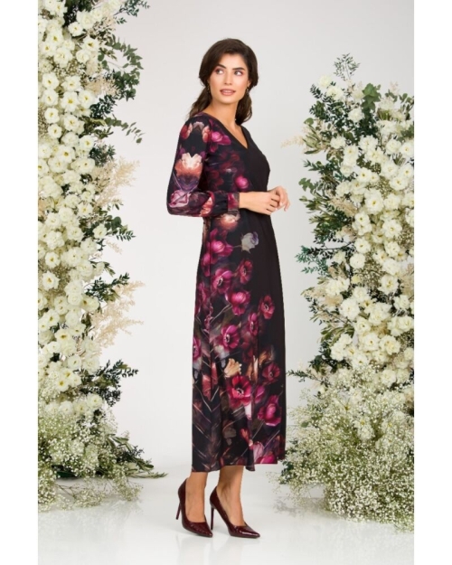 Rochie eleganta neagra cu maneca lunga si imprimeu Floral CMD1401 - Img 2