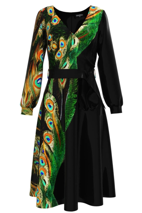 Rochie eleganta neagra cu maneca lunga si imprimeu Paun CMD808 - Img 2
