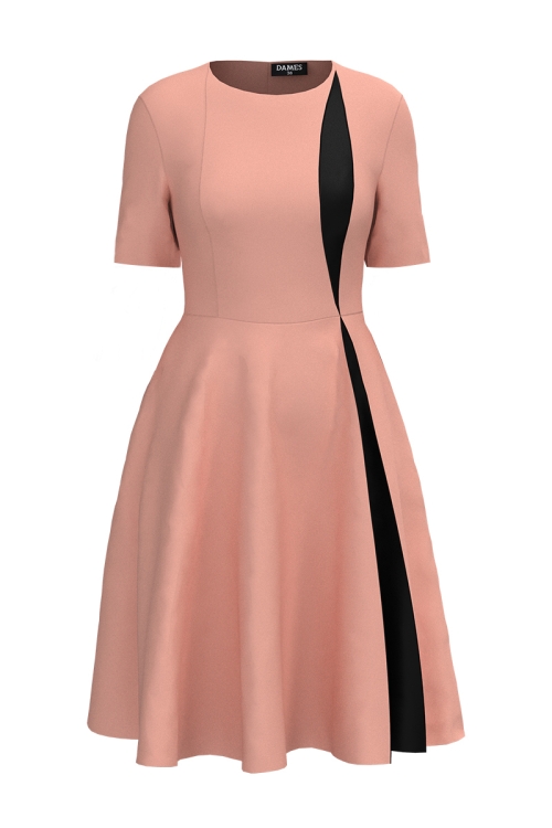 Rochie eleganta piersica cu sectiune in contrast