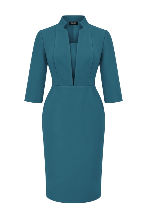 Rochie eleganta turcoaz cu rever si decolteu in V