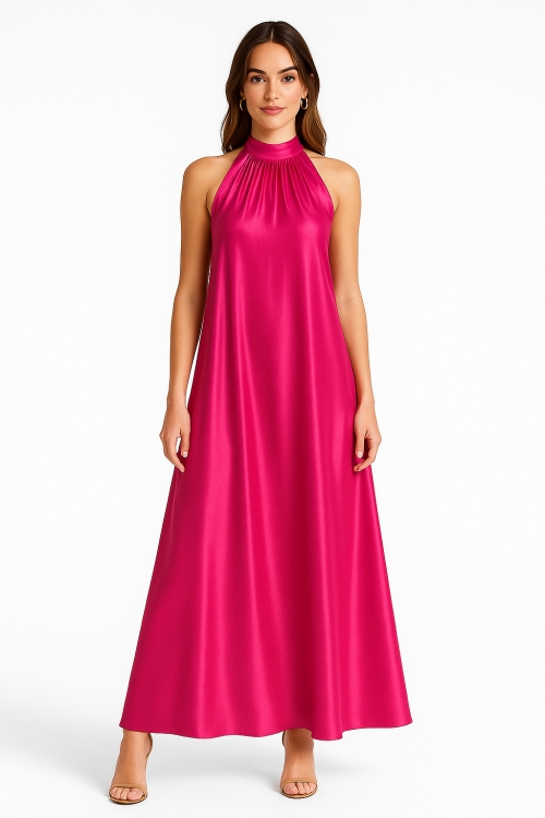Rochie fucsia lunga eleganta din vascoza satinata cu buzunare