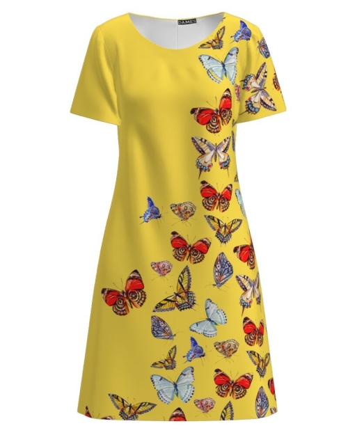 Rochie galbena casual evazata imprimata digital cu fluturi multicolori CMD1072