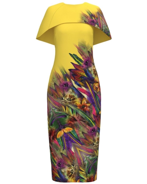 Rochie galbena lunga cu capa detasabila imprimata multicolor - Img 1