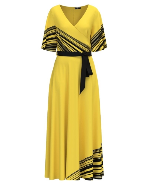 Rochie galbena lunga eleganta de seara imprimata cu model grafic CMD3761
