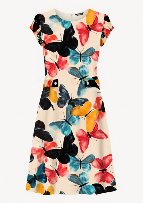 Rochie lejera de vara din crepe cu cordon reglabil fluturi multicolori