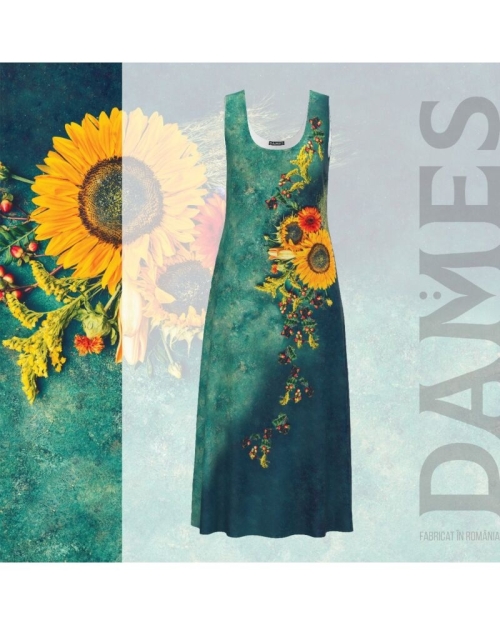 Rochie lunga casual de vara cu buzunare,verde imprimata cu model Floarea soarelui CMD802 - Img 11