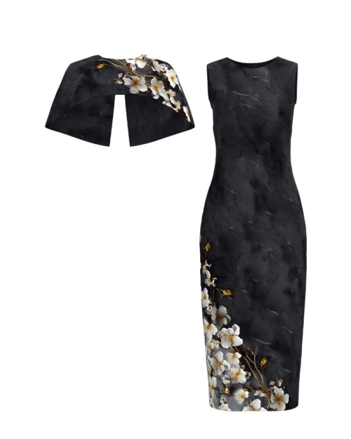 Rochie lunga cu capa detasabila imprimata in nuante de gri CMD4857 - Img 2