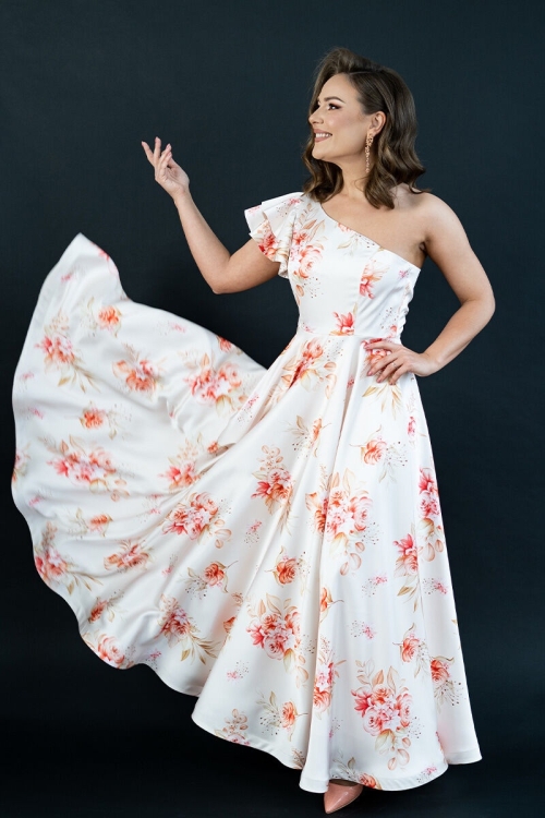 Rochie lunga eleganta din satin imprimat cu detaliu pe umar CMD4246 - Img 4