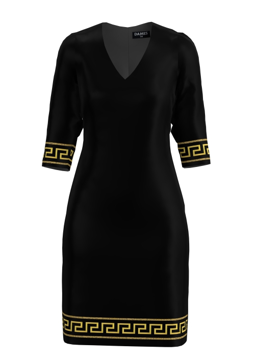 Rochie neagra casual cu decolteu in V imprimata Baroc