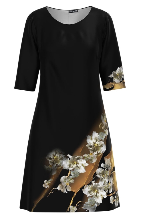 Rochie neagra casual cu maneca imprimata digital cu model floral CMD1093 - Img 2