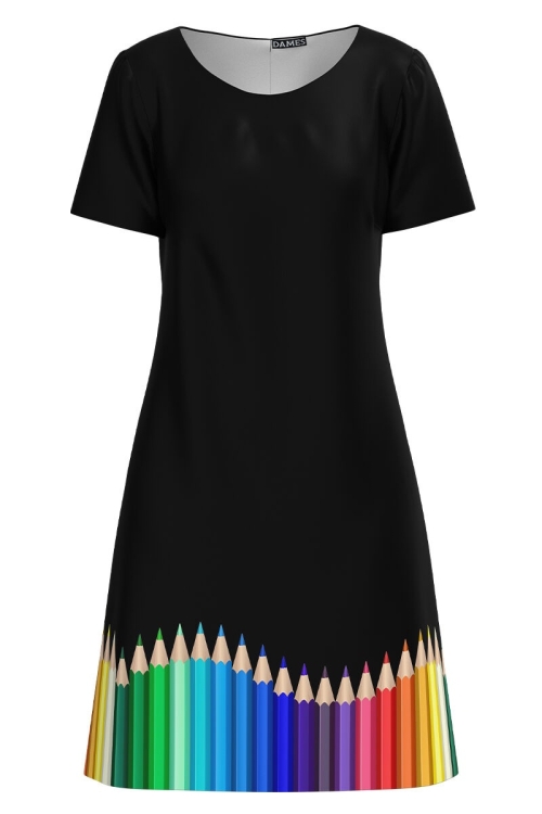 Rochie neagra casual de vara cu maneca scurta Creioane colorate CMD4213 - Img 2