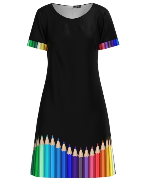 Rochie neagra casual de vara cu maneca scurta Creioane colorate CMD4601