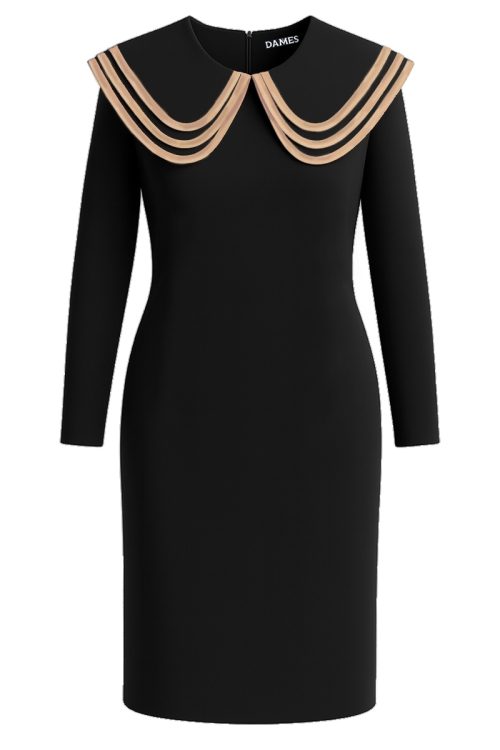 Rochie neagra cu guler triplu si detalii in contrast